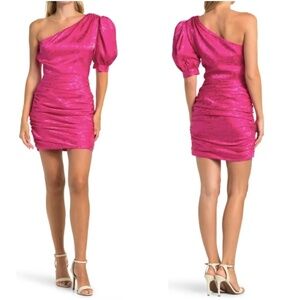 NWT RONNY KOBO Nadia Ruched One Shoulder Puff Sleeve Mini Dress Sz. M